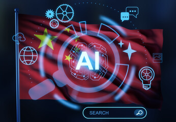Artificial intelligence concept with digital elements over Chinese flag in double exposure style showing innovation and tech development focus. 3D Rendering