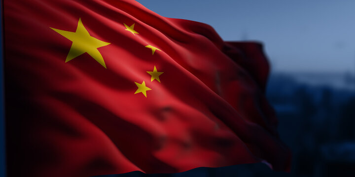 Chinese flag waving in the wind with realistic texture and lighting against a cityscape background during dusk or evening time. 3D Rendering