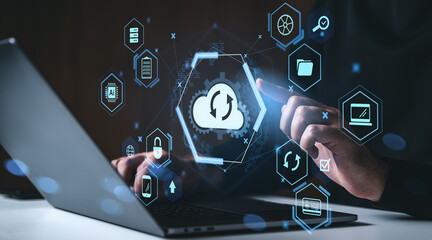 Cloud data backup and storage services interface with futuristic digital icons and user interaction on dark background in modern technology concept.