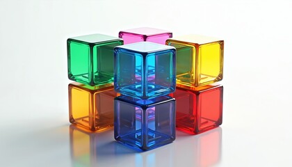 Colorful translucent cubes stack. Transparent glass blocks form a geometric pattern. Modern design concept uses bright colors and light. Conceptual illustration about innovation.