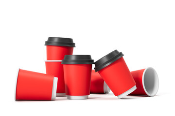 Red takeaway coffee cups with lids arranged in a creative layout for branding concept mockup on white background. 3D Rendering