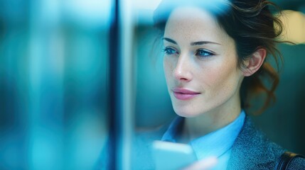 Fototapeta premium Woman focused on her personal mobile device s screen female engages with glowing display deeply engrossed in content