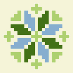 Geometric pixel art pattern showcasing a symmetrical snowflake or flower design in cool blue and green tones. Folk art inspired decorative element on a cream background