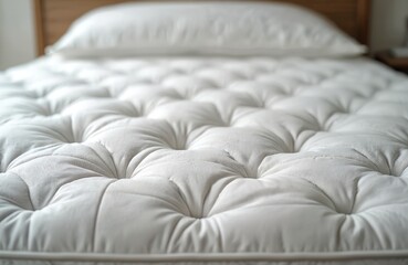 Obraz premium Clean white mattress texture detail, soft quilted surface, plush bedding with tufted pattern. Comfortable bed textile, cozy bedroom furniture, relaxation, sleep.