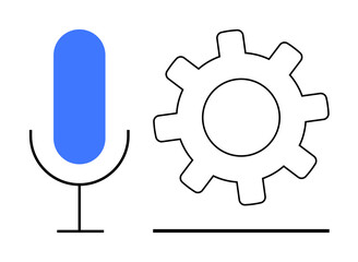 Minimalist microphone beside a gear wheel, representing audio input, voice recognition, and settings control. Ideal for technology, innovation, AI, speech processing, mechanics automation
