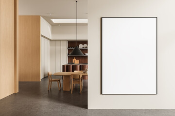 Modern dining room interior with wooden furniture and large vertical blank poster on white wall partition for customizable mockup display template. 3D Rendering