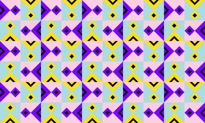 Playful and vibrant seamless geometric pattern featuring abstract diamond and triangle shapes in a colorful retro inspired design for backgrounds