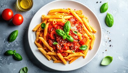 Penne Pasta with Rich Tomato Sauce Topped with Fresh Basil and Parmesan Cheese Served on a White Plate with a Rustic Gray Background and Olive Oil in a Small Bowl