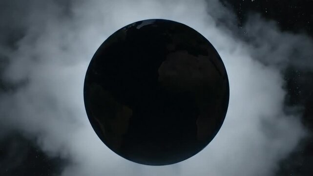 Mysterious dark planet shrouded in swirling clouds under dramatic lighting.