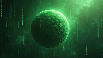 Green planet Earth in outer space covered by digital code. Binary streams rain down. Technology and nature meet in abstract cosmic scene. Futuristic digital environment.