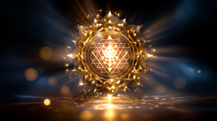 Vibrant golden Sri Yantra mandala glows on dark cosmic background, intricate sacred geometry, divine energy, spiritual enlightenment symbol, Hinduism, Buddhism, meditation, yoga, u
