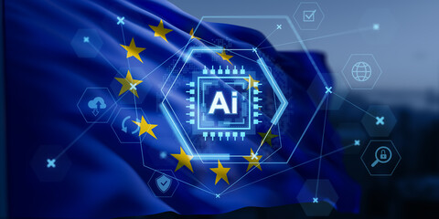 Holographic AI chip interface with European Union flag in background representing artificial intelligence regulation and digital technology concept. 3D Rendering © ImageFlow