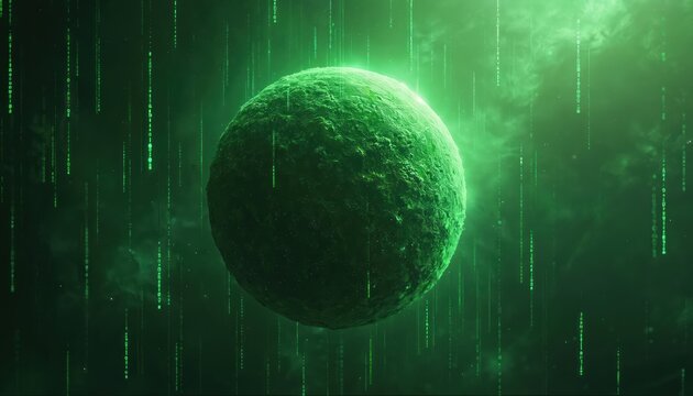 Green planet Earth in outer space covered by digital code. Binary streams rain down. Technology and nature meet in abstract cosmic scene. Futuristic digital environment.