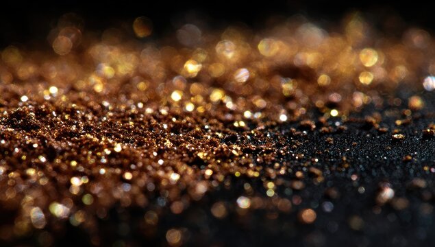 Shimmering bronze dust scatters across a dark surface