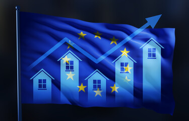European housing market growth concept with double exposure of rising chart and homes over EU flag background symbolizing economic development. 3D Rendering © ImageFlow