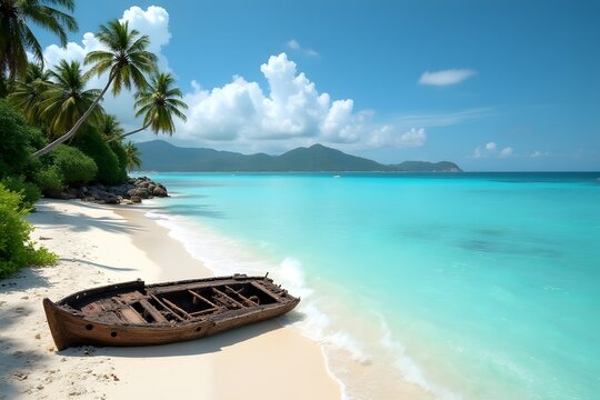 Shipwreck lying on a tropical beach with turquoise waves.