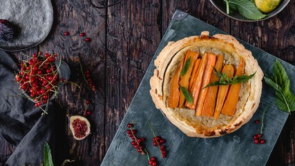 Savory tart with sliced carrots and fresh herbs