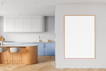 Modern kitchen interior with stylish furniture and large blank poster mockup on wall in minimalist space with wooden accents and soft lighting. 3D Rendering © ImageFlow
