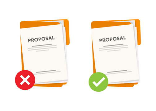Approved and rejected proposal documents. Clipboard with document, red rejected and green approved stamp. Flat vector illustration
