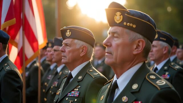 Professional portrait of military veterans in solemn formation during respectful celebration ceremony with flags held aloft under filtered sunlight in  Photo Stock  Concept  and empty space on the lef