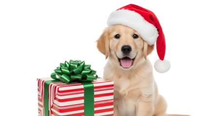 Adorable golden retriever puppy wearing a festive Santa hat, cheerfully posing with a striped Christmas gift, radiating holiday joy on a clean white background