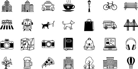 City life and travel themed line art icon collection: buildings, transport, food, shopping, nature, and leisure objects.
