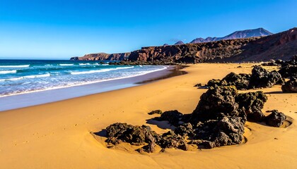 Sandy beach with waves meeting the shore, rocky outcrops, and mountains afar