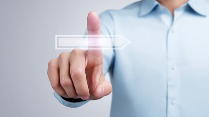 Man points to button on touchscreen interface hand engages digital control on interactive display