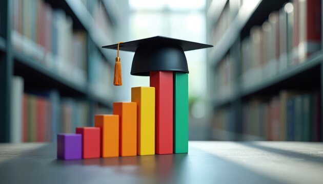 Graduation cap sits on bar graph in library. Academic progress, career growth, educational attainment. Concept for student success, college education, investing future, tuition costs, scholarships,