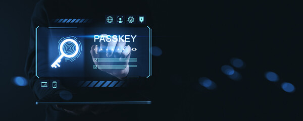 Futuristic passkey authentication interface showing digital security access with biometric fingerprint and password entry on dark background in blue tones.