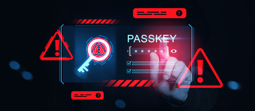 Cybersecurity breach warning with digital passkey access and alert symbols on futuristic interface background in technology security concept..