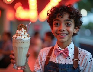 Smiling boy in retro diner uniform holds milkshake with cookie topping. He wears polka dot shirt bow tie and denim apron. Offers sweet beverage in cafe with neon lights.