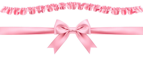  Pink ribbon with a ruffled edge and smooth bow in the middle, horizontal composition. Isolated on transparent background.