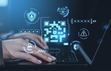 Cybersecurity interface with QR code and digital security icons on laptop screen background showing password protection and secure data access concept.