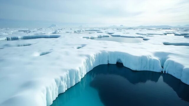 Drone panorama of polar ice caps with visible meltwater pools demonstrating accelerated melting ice phenomena and vulnerability of polar regions in  Photo Stock  Concept  and empty space on the left s