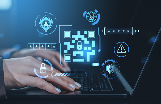 Cybersecurity interface with QR code and digital security icons on laptop screen background showing password protection and secure data access concept.