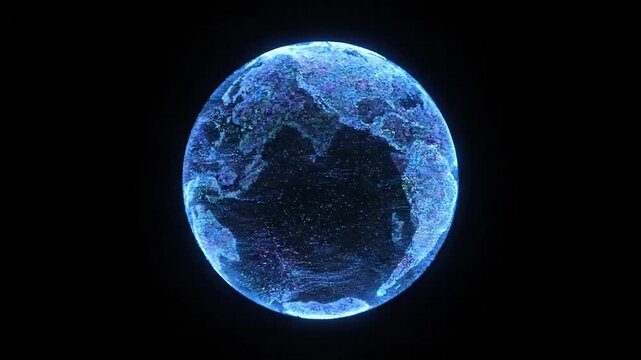 Futuristic digital globe glowing with blue interconnected data points on a dark background
