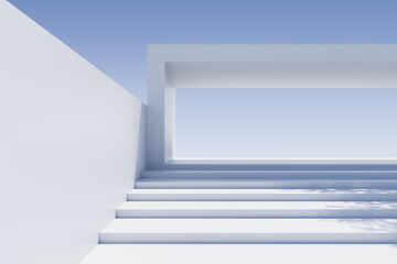 Obraz premium Minimalist white staircase with open rectangular frame under blue sky, symbolizing clarity, opportunity, and modern architectural concept. 3D Rendering