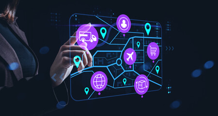 Digital interface with logistics and supply chain icons showing transportation, delivery, and management processes on futuristic screen display.