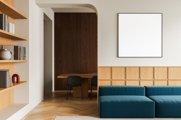 Modern interior with wooden paneling, teal sofa, and blank poster mockup on wall in cozy minimalist living space template design scene. 3D Rendering