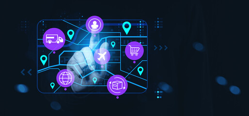 Digital interface showing supply chain management icons with logistics symbols and user interaction on futuristic dark background screen.