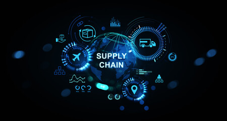 Futuristic supply chain hologram concept with logistics icons and digital elements on dark background representing global distribution network system. 3D Rendering