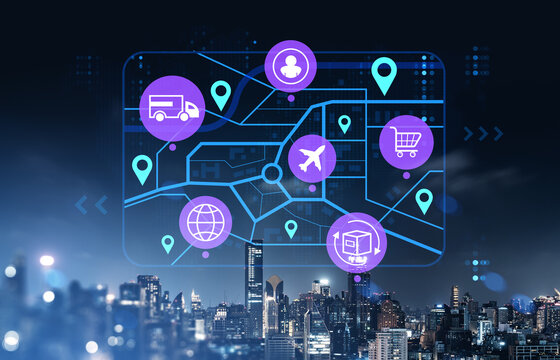 Digital supply chain management concept with logistics icons and global tracking map overlay on a futuristic city background at night.