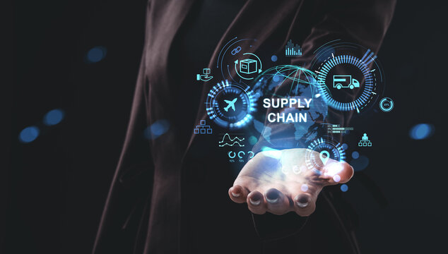 Futuristic supply chain concept with holographic interface floating above open hand in business setting on dark background.. - Powered by Adobe