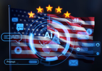 Artificial intelligence concept with digital human head and communication icons over double exposure of USA flag and futuristic interface elements. 3D Rendering