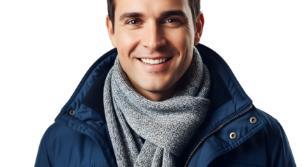 Close-up of a smiling young man in a blue winter coat and grey scarf, radiating warmth and happiness. Ideal for seasonal marketing and fashion concepts