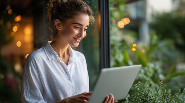 Smiling young woman in white shirt holds laptop computer, female poses with notebook for work or study, professional person looks happy, ready for business tasks, digital device in