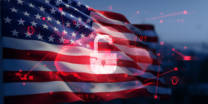 Cybersecurity breach concept with glowing red unlocked padlock over American flag background and digital hologram elements representing data threats. 3D Rendering