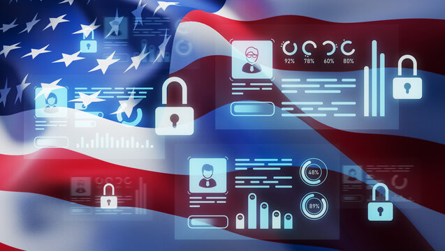 Cybersecurity concept with digital holograms of data protection and user profiles overlaid on waving American flag background symbolizing national security. 3D Rendering - Powered by Adobe