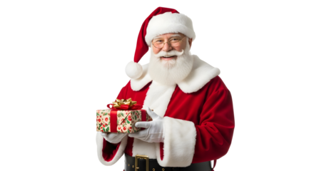 Jolly Santa Claus spreading holiday cheer and goodwill, holding a beautifully wrapped present, ready to bring joy and magic to the festive season